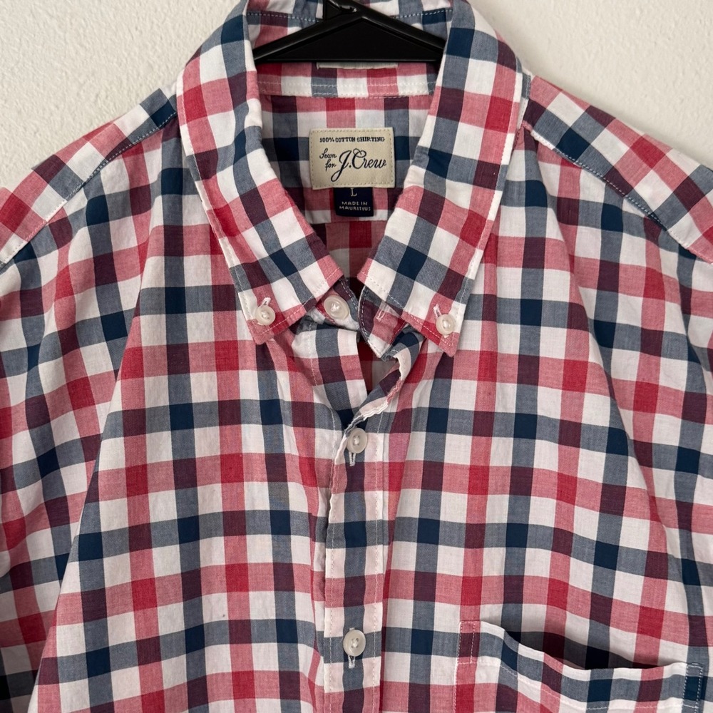 J. Crew Mens L Slim Red White Blue Checker Long Sleeved Button Down Shirt Cotton
